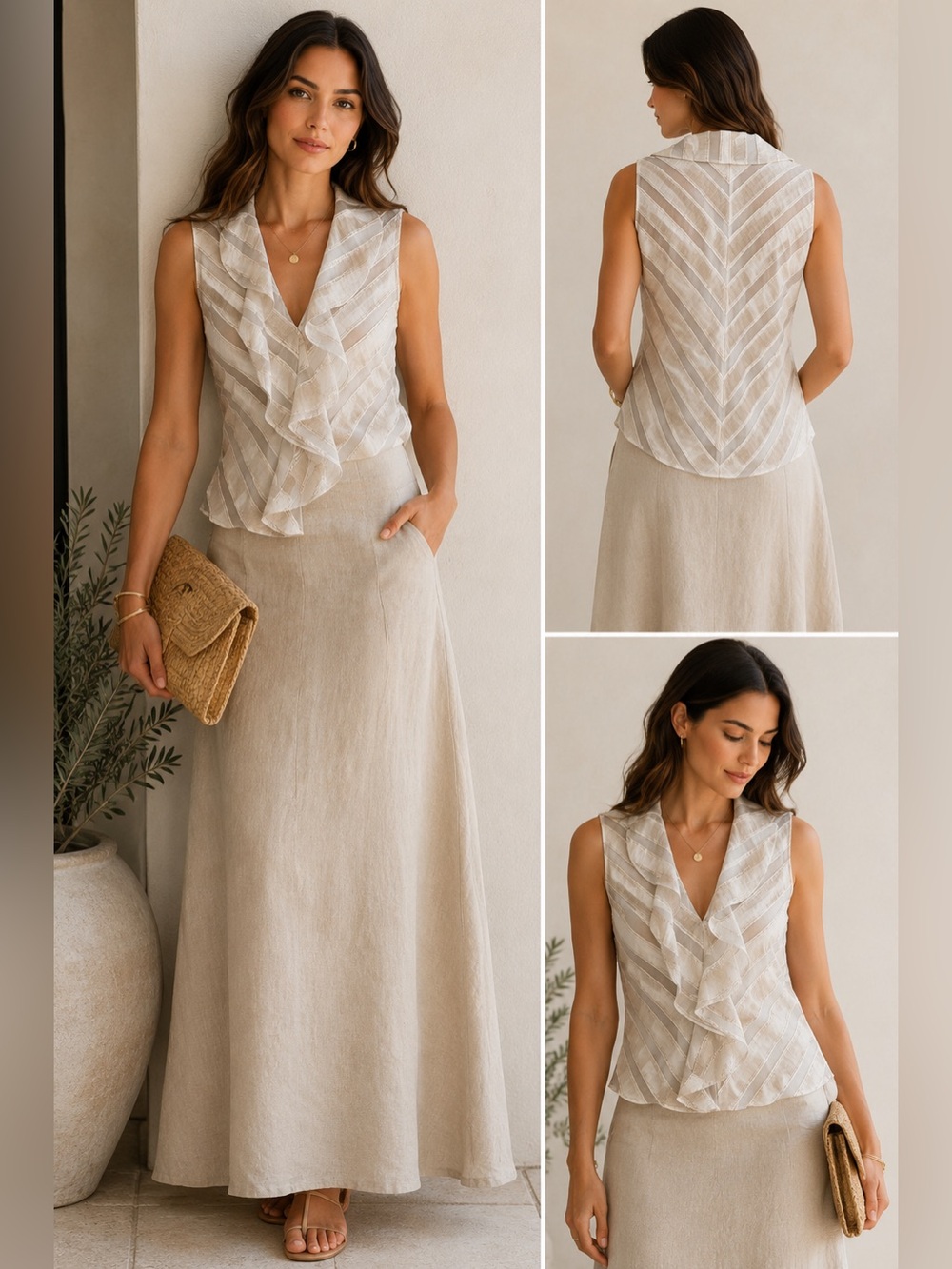 Farinaz Taghavi Ruffle Sleeveless Blouse Italian Fabric Quiet Luxury Size 6